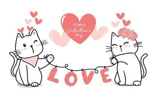 Cute Valentine cat couple with heart love, Happy Valentine's day, cute cat cartoon outline pink heart vector for banner, printable stuff, greeting card