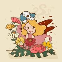 linda chica cabello amarillo con perro en una taza de café floral splash, línea de dibujos animados doodle vector plano pastel dulce