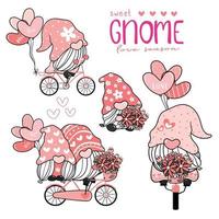 dulce lindo gnomo con sombrero rosa en bicicleta con colección de globos de corazón, pareja amante gnomo amor valenti.ne conjunto de elementos vector