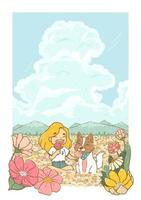 happy summer girl and dog having ice cream cone in flower field with cloud sky and mountain in background vector