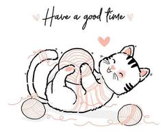 cute doodle happy playful fluffy kiitty white and pink cat having good time with cotton wool ball, outline hand draw flat vector illustration