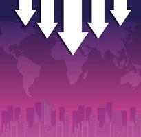 stock market crash with arrows down and world map vector