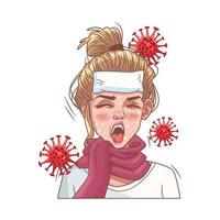 mujer enferma con fiebre síntomas de covid19 vector