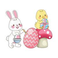 little rabbit and chick with painted eggs on mushroom vector