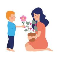 beautiful mother with son giving houseplant characters vector