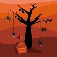 Halloween spiders and bats with a grave vector design