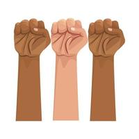 interracial hands raised in fists, a gesture of protest