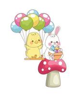 conejito y pollito con globos de helio, personajes de pascua vector