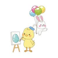 conejito y pollito con globos de helio, personajes de pascua vector