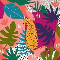 Leopard and tropical leaves poster background vector illustration. Trendy wildlife pattern