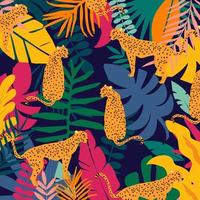 Leopards and tropical leaves poster background vector illustration. Trendy wildlife pattern