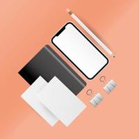 maqueta de teléfono inteligente, lápiz y cuaderno vector