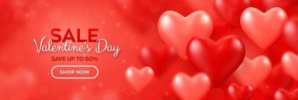 Feliz día de San Valentín. Banner de venta del día de San Valentín con globos rojos y rosados Fondo de corazones 3d. papel tapiz, volante, invitación, cartel, folleto, tarjeta de felicitación. vector