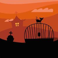 Halloween cat on a gate in front of a haunted house at night vector design