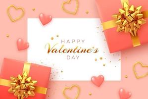 Happy Valentine's Day background with square paper banner. Realistic gift boxes with golden bow, pink 3d balloons hearts, and golden hearts with glitter texture and confetti. vector