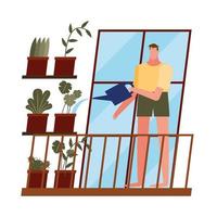 man with plants at home window vector design