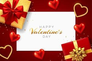 Happy Valentine's Day red background with square paper banner. Realistic gift boxes with red and golden bow, shining red and gold 3d hearts with glitter texture and confetti. vector