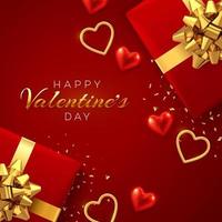 Happy Valentine's Day banner template. Realistic gift boxes with golden bow, and shining red and gold 3d balloons hearts with glitter texture and confetti on red background. vector