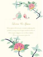 frontera de flores de tarjeta de boda con 2 pájaros vector