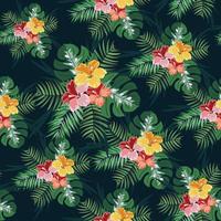 Green leave and tropical flower seamless pattern vector