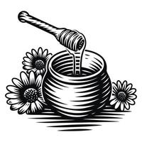 Black and white vector illustration of a honey pot in engraving style on white background