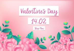 Valentines day Pink rose background with cute love greeting card. vector