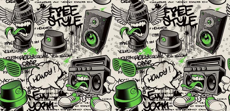Graffiti wall background, graffiti seamless pattern with different graffiti characters