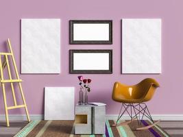 3D rendering of mock up posters and frames in a living room photo