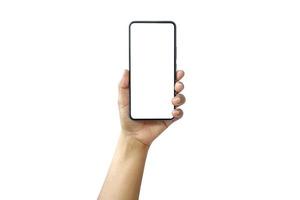 Smartphone móvil con un diseño elegante y una pantalla en blanco aislada sobre fondo blanco con el trazado de recorte foto