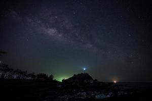 Lighthouse under a starry sky photo