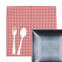 Square plate with plasticware on cloth photo