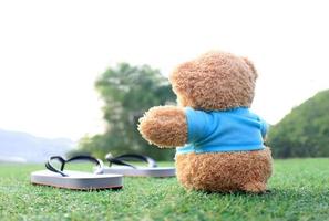 Teddy bear sitting on the grass with sandals photo