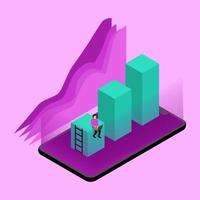 Vector isometric concept statistic business cheking a young monitor, concept volume box on smartphone simple design, vector illustration on a work a young sign