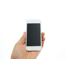 Person holding a phone on white photo