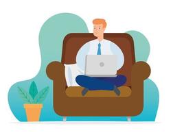 man working at home with laptop on couch vector