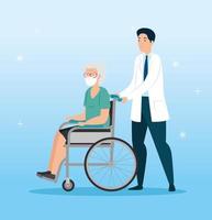 old woman in a wheelchair and doctor vector