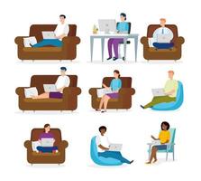 set of people working at home vector