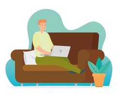 man working at home with laptop on couch vector