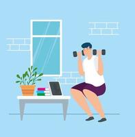 campaign stay at home with man lifting weights vector