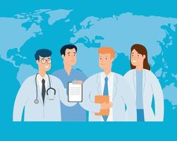 group of doctors with world map vector