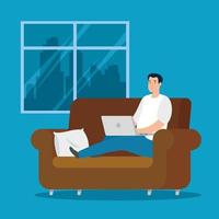 man working at home with laptop on couch vector