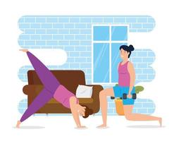 women exercising in the house scene vector