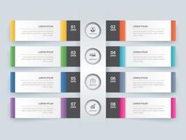 Plantilla de índice de papel de la pestaña de infografías de 8 datos. ilustración vectorial resumen de antecedentes. se puede utilizar para el diseño de flujo de trabajo, paso empresarial, banner, diseño web. vector