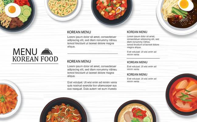 Korean food menu restaurant on a white wooden table top template background. Use for poster, print, flyer, brochure.