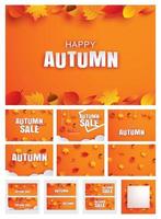 Happy autumn fall set invitation and sale paper art style with leaves on orange background. vector