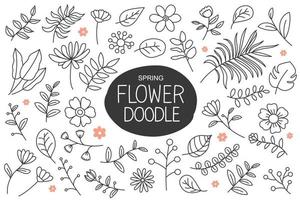 Spring flowers doodle in hand drawn style. Floral and leaves elements collection. vector