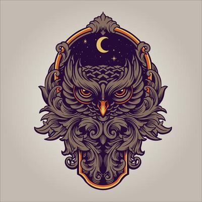 The Night Owl Predator with Ornament Swirl Frame Illustration