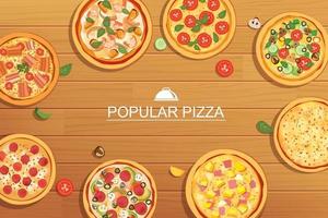 Pizza set different menu on wooden background. Use for design, poster, flyer, banner. vector