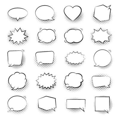 Comic speech bubbles isolated with halftone shadows on transparent background.