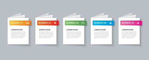 Plantilla de libro de infografías de negocios con 5 datos. se puede utilizar para diseño de flujo de trabajo, diagrama, opciones numéricas, diseño web, presentaciones vector